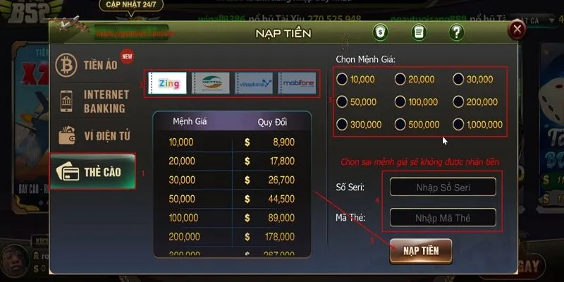 Nạp tiền qua thẻ cào dễ dàng
